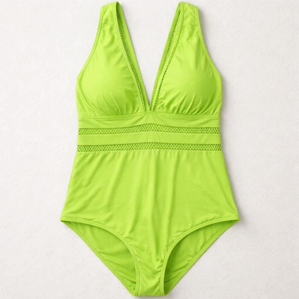 Tempt Me Swimsuit Womens 20W Green Plunge One Piece Mesh‎ Criss Cross Back